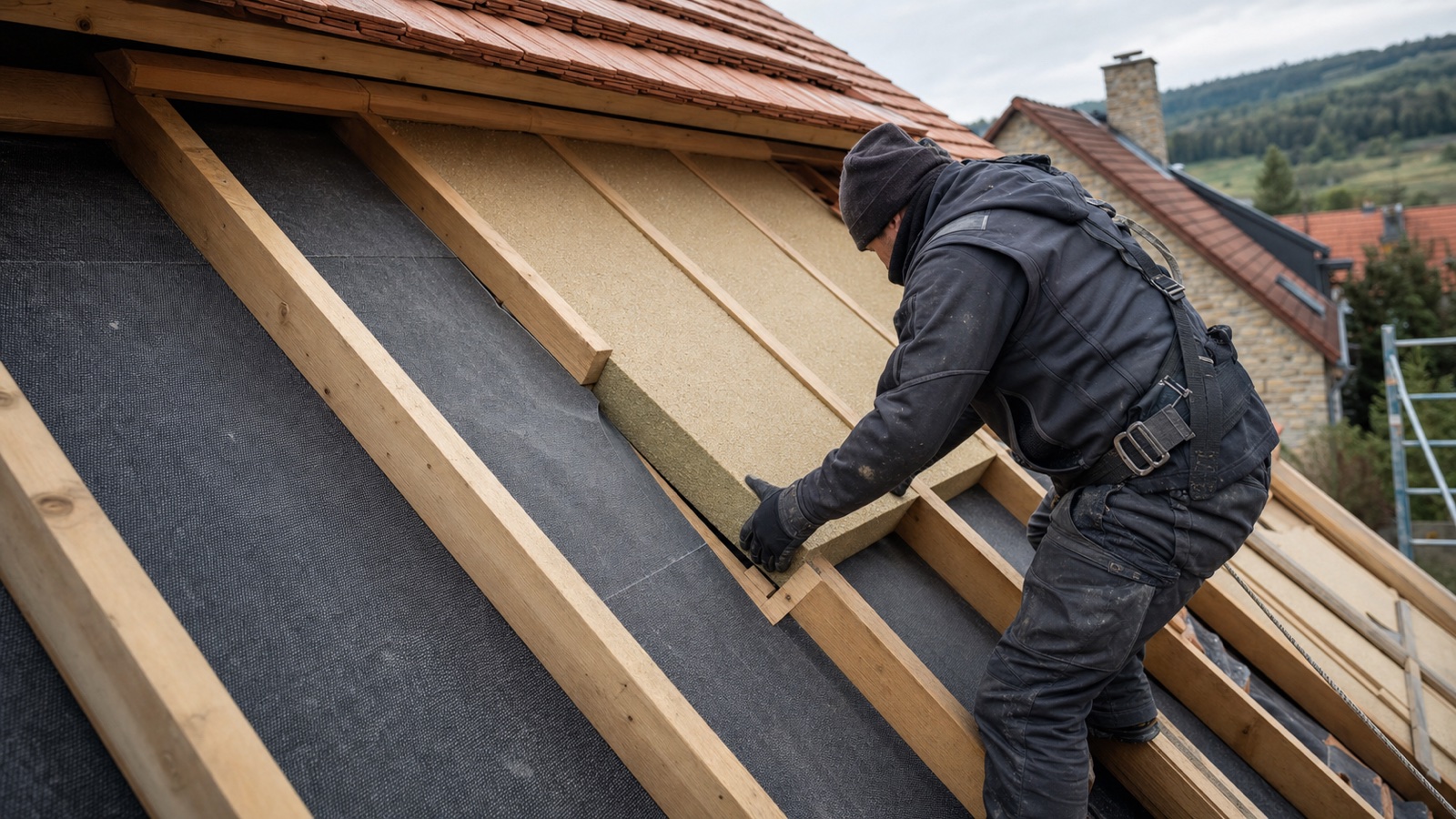 Dachdecker beim Einbau einer Dachdämmung während einer Dachsanierung
