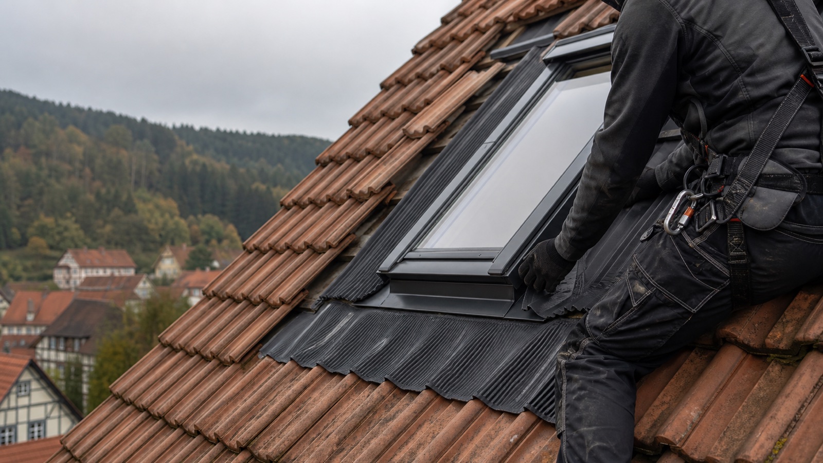 Dachdecker beim fachgerechten Einbau eines Dachfensters