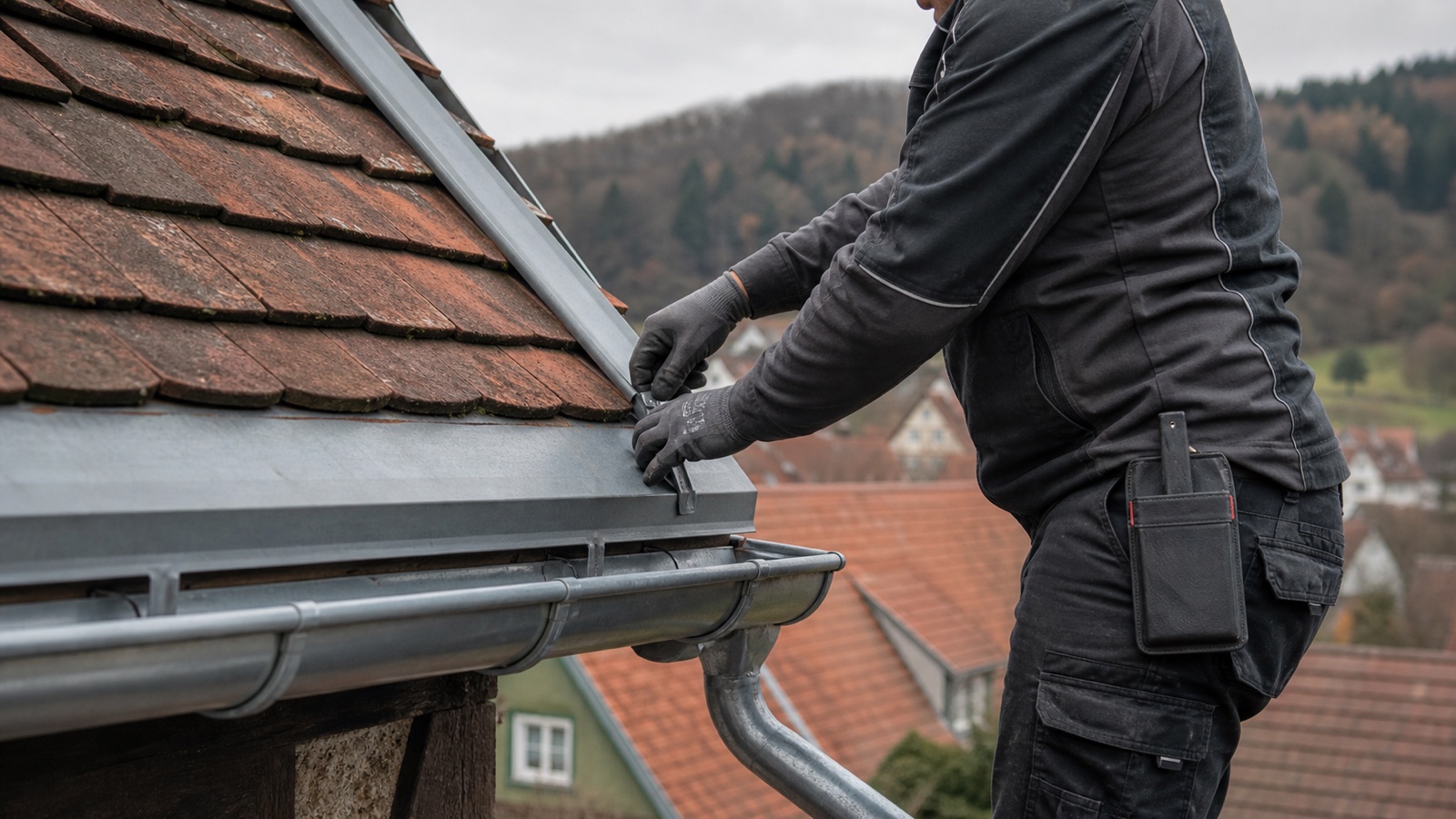 Dachklempner bei der Montage einer Dachrinne in Meiningen