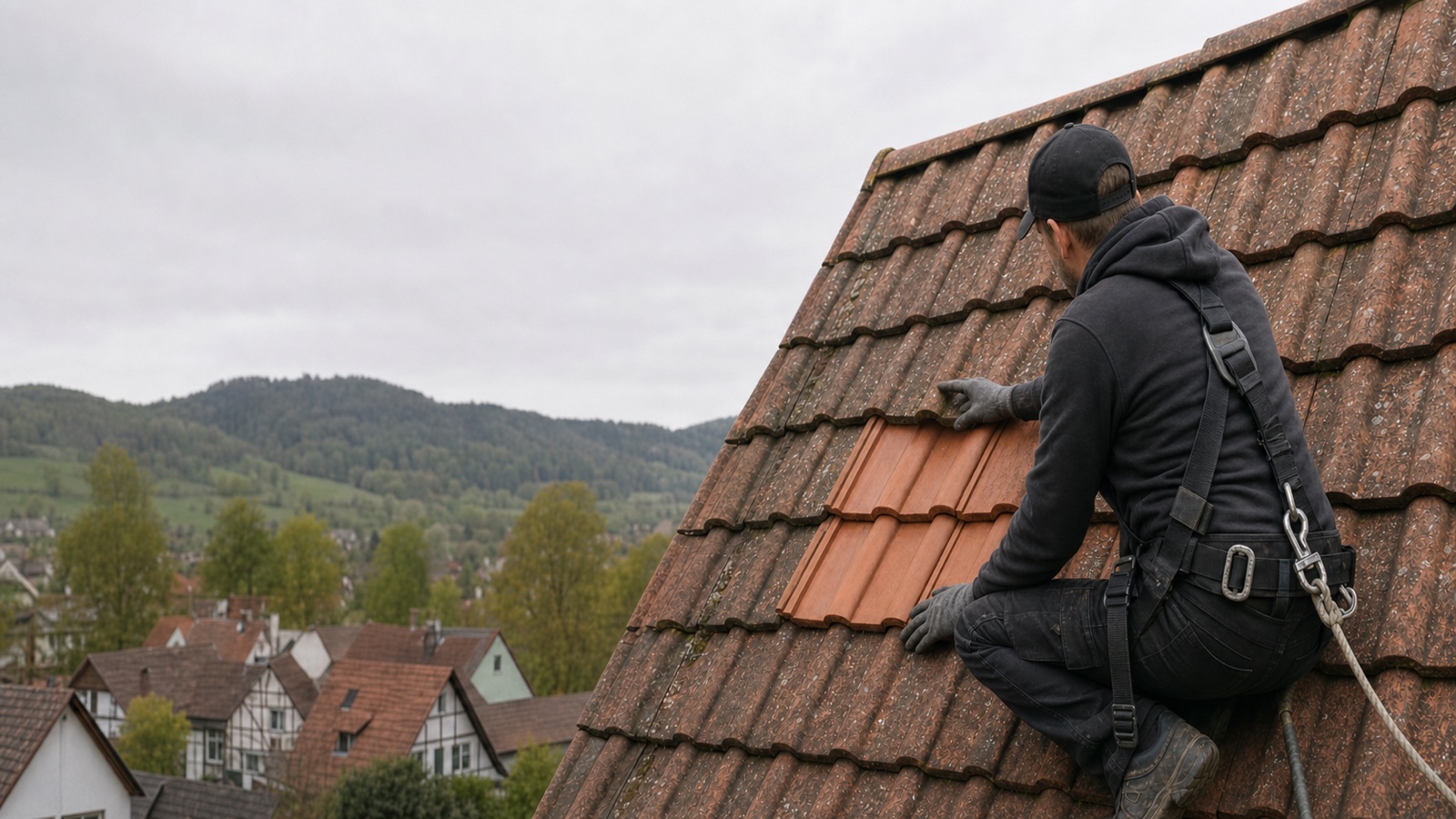 Dachdecker bei einer Dachreparatur in Meiningen