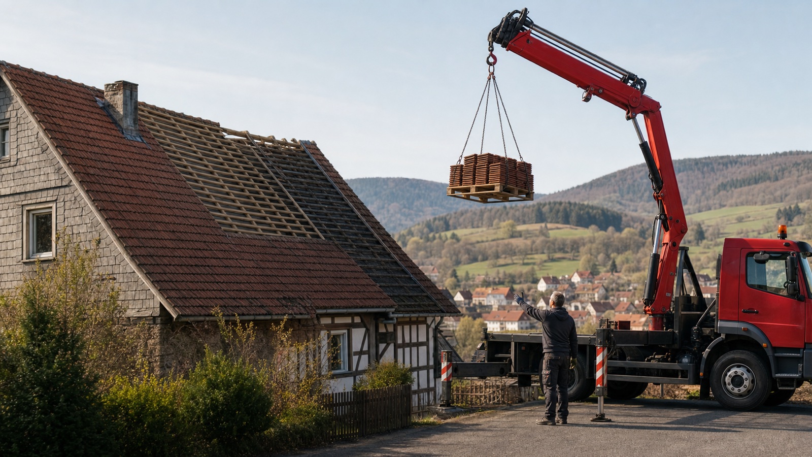 Kranarbeiten mit dem eigenen Kran von Forch Bedachungen in Meiningen