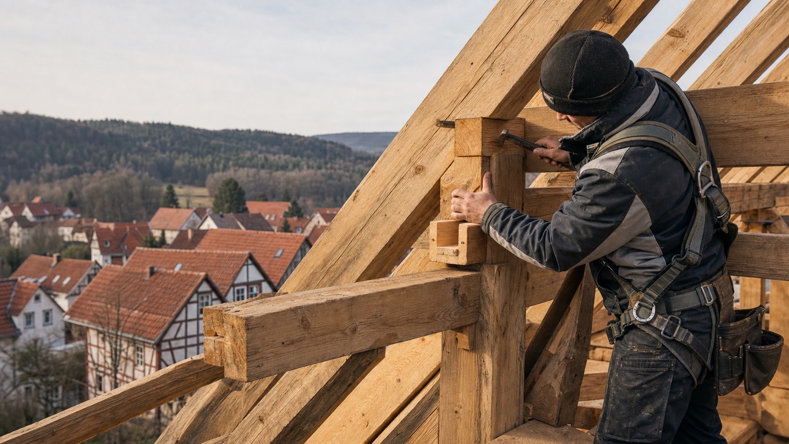 Zimmerer beim Bau eines Dachstuhls in Meiningen