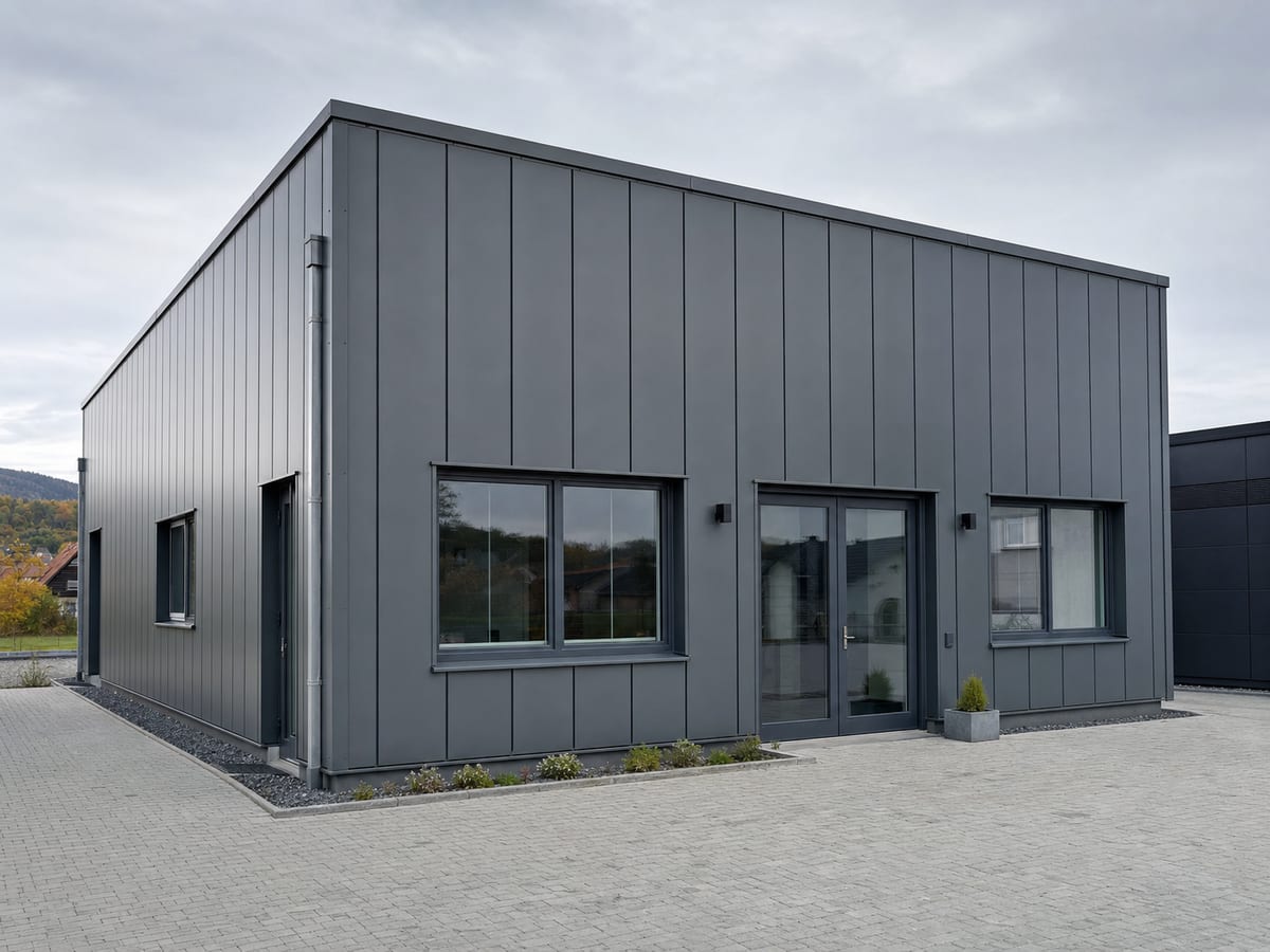 Verkleidete Fassade eines Gewerbeobjekts in Metallbauweise