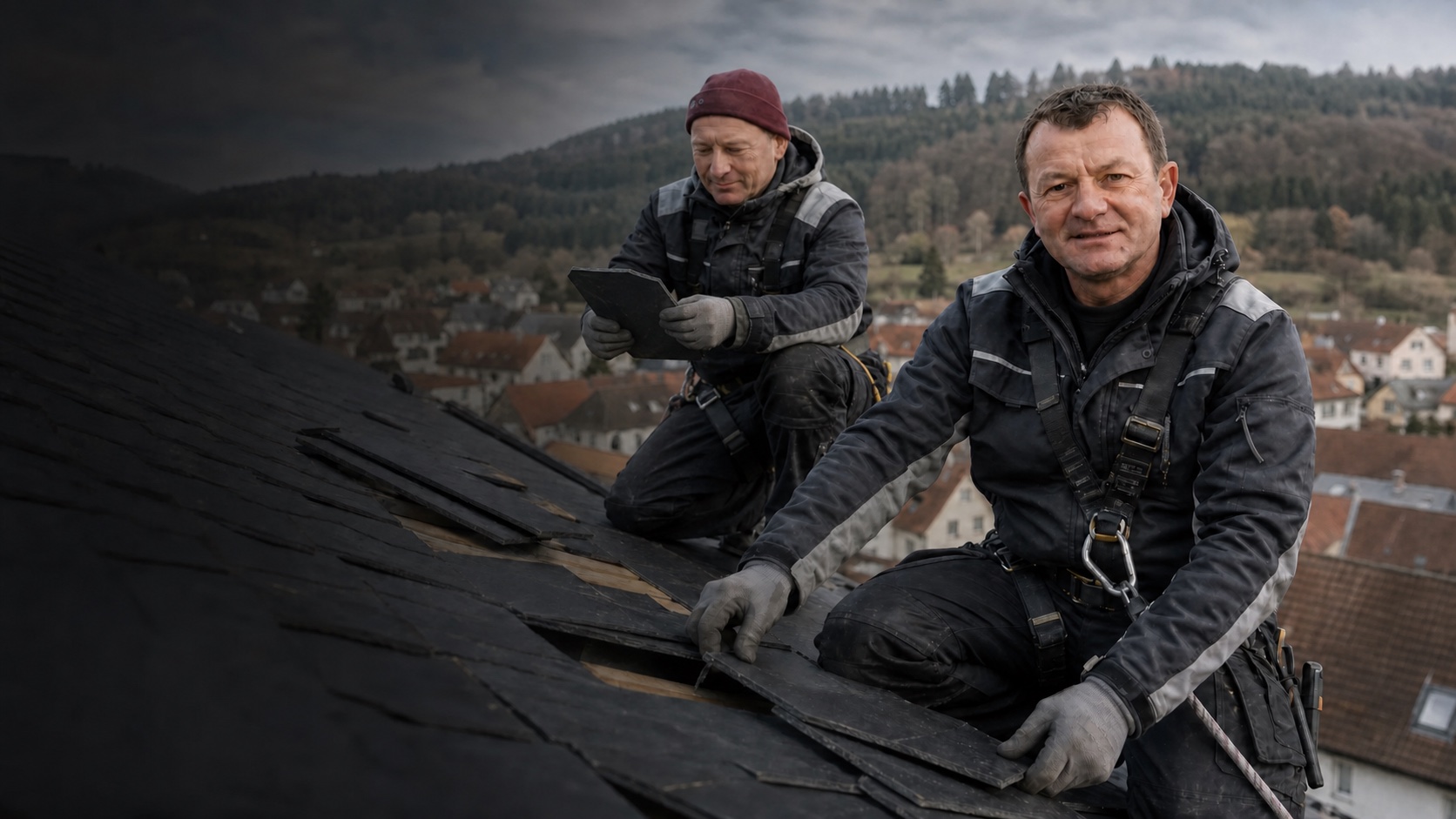 Tino Forch und ein Kollege bei Dacharbeiten auf einem Steildach in Südthüringen