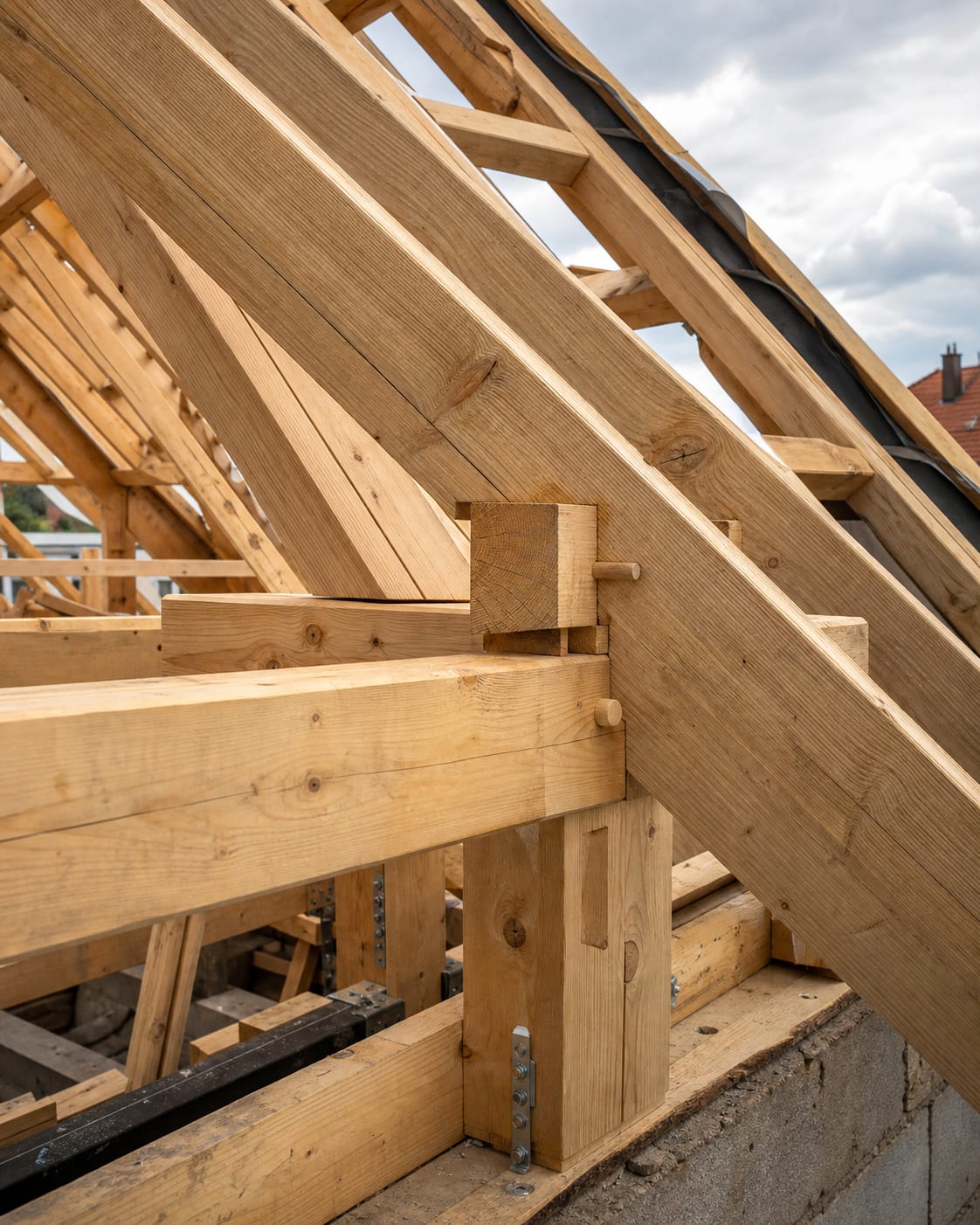 Detailansicht eines Holz-Dachstuhls – Zimmererarbeit in Meisterqualität
