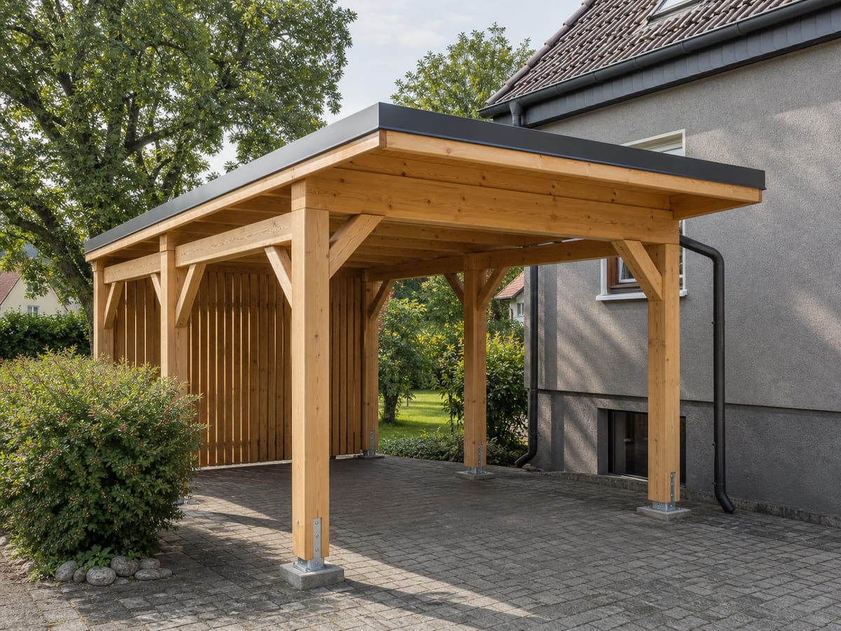 Carport mit Holzständerwerk und Flachdach in Zimmererbauweise